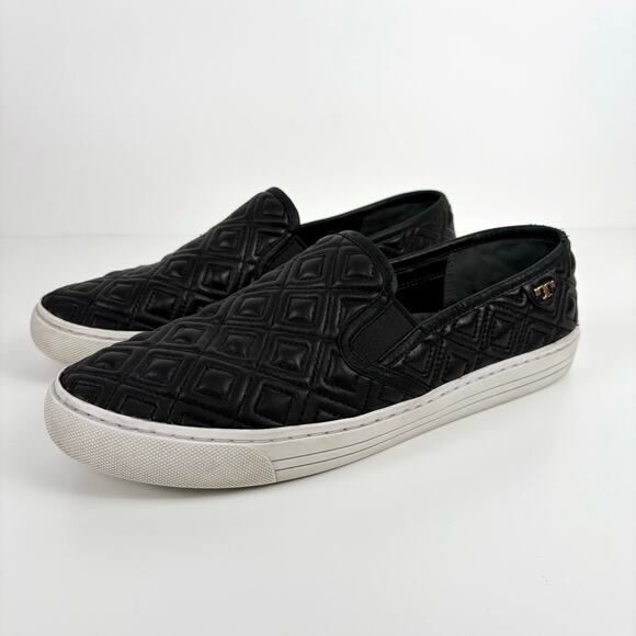 Tory Burch Jesse Quilted Leather Slip On Sneaker Black Size 10 Loafer Flats Logo - Picture 1 of 16